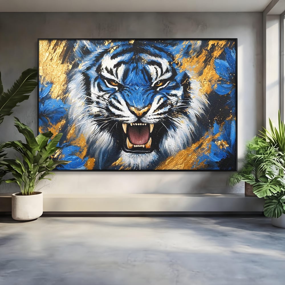 Tablou canvas cu tablou canvas cu tigru albastru si flori, in rama de aluminiu negru